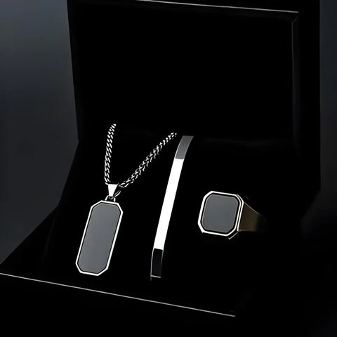 Black Onyx Men's Luxury Jewelry Set- Necklace, Bracelet & Ring